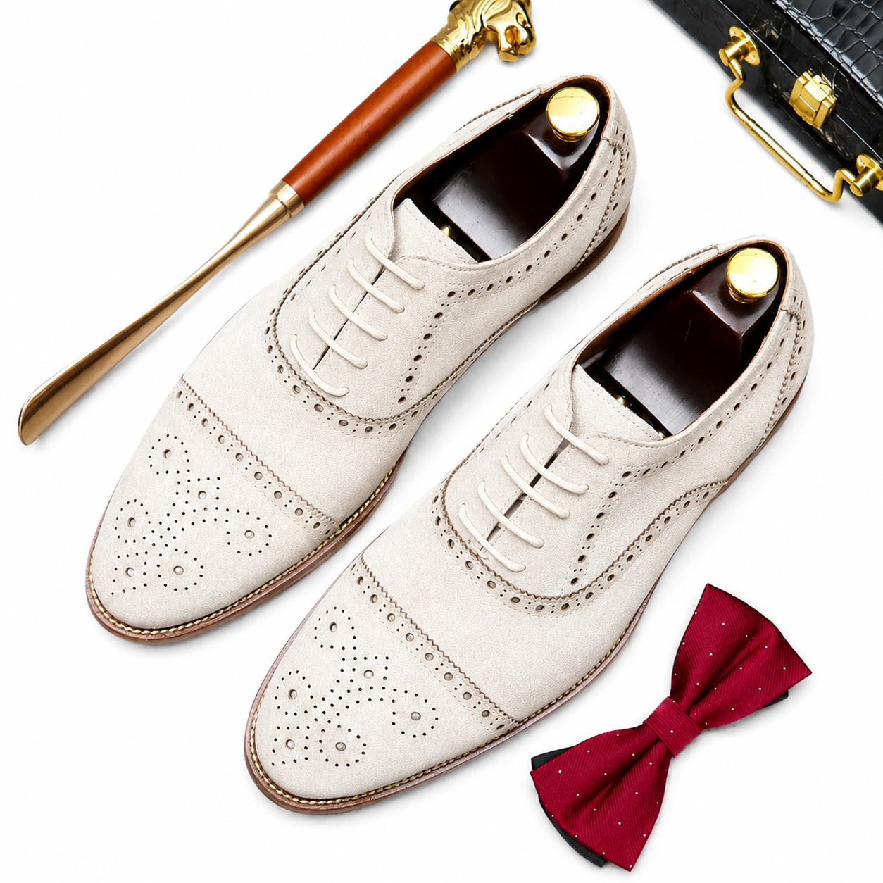 Stitch & Grain Handmade Off-White Suede Cap Toe Oxford Brogues – Luxury Men's Dress Shoes