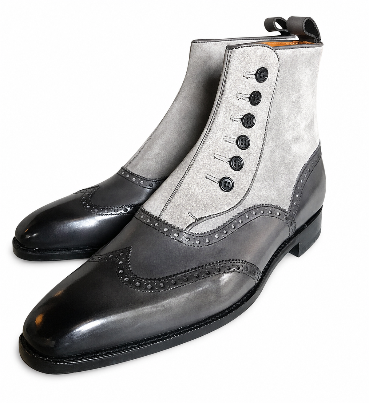Stitch & Grain Handmade Two-Tone Grey & Black Leather Button Boots – Luxury Wingtip Ankle Dress Boots for Men