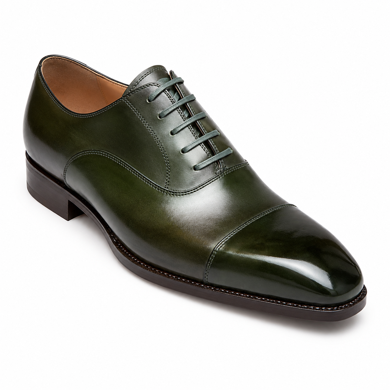 Stitch & Grain Dark Green Cap Toe Oxford Shoes – Premium Leather Formal Dress Shoes
