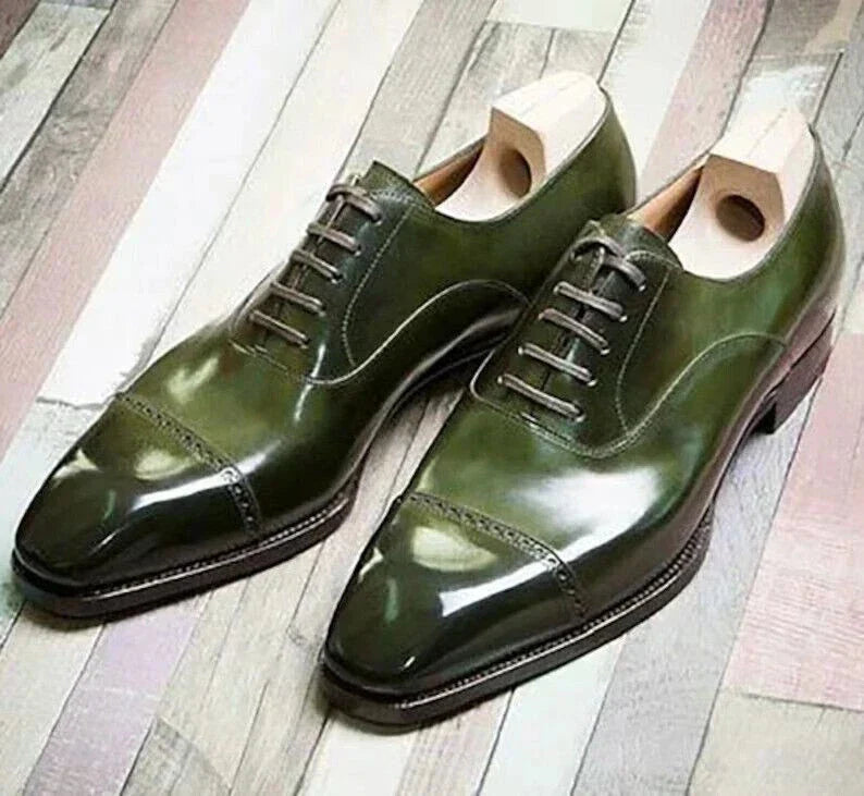 Stitch & Grain Handmade Forest Green Leather Cap Toe Oxford Shoes – Luxury Men's Classic Dress Shoes