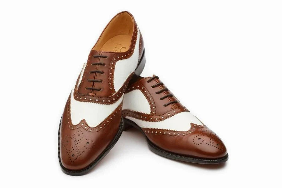 Stitch & Grain Handmade Brown & White Spectator Wingtip Oxford Shoes – Luxury Two-Tone Leather Dress Shoes for Men