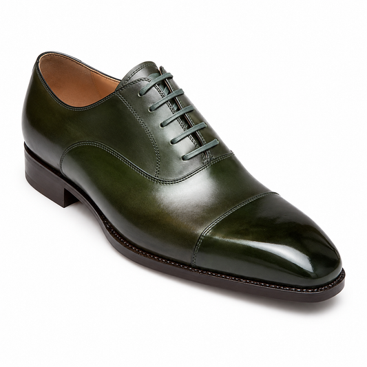 Stitch & Grain Dark Green Cap Toe Oxford Shoes – Premium Leather Formal Dress Shoes