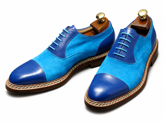 Stitch & Grain Royal Blue Two-Tone Leather Oxford Shoes  Description: