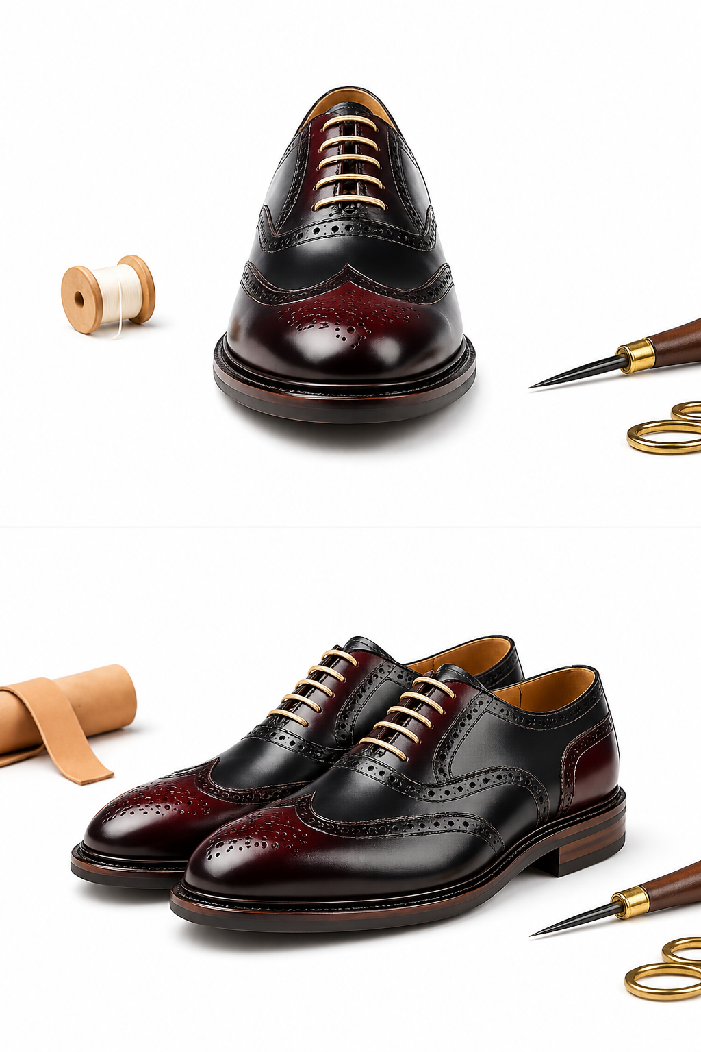 Hand-Painted Burgundy & Black Wingtip Oxford Brogue Shoes