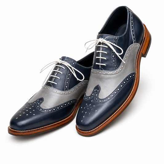 Stitch & Grain Two-Tone Wingtip Oxford Shoes – Navy & Grey Premium Leather Dress