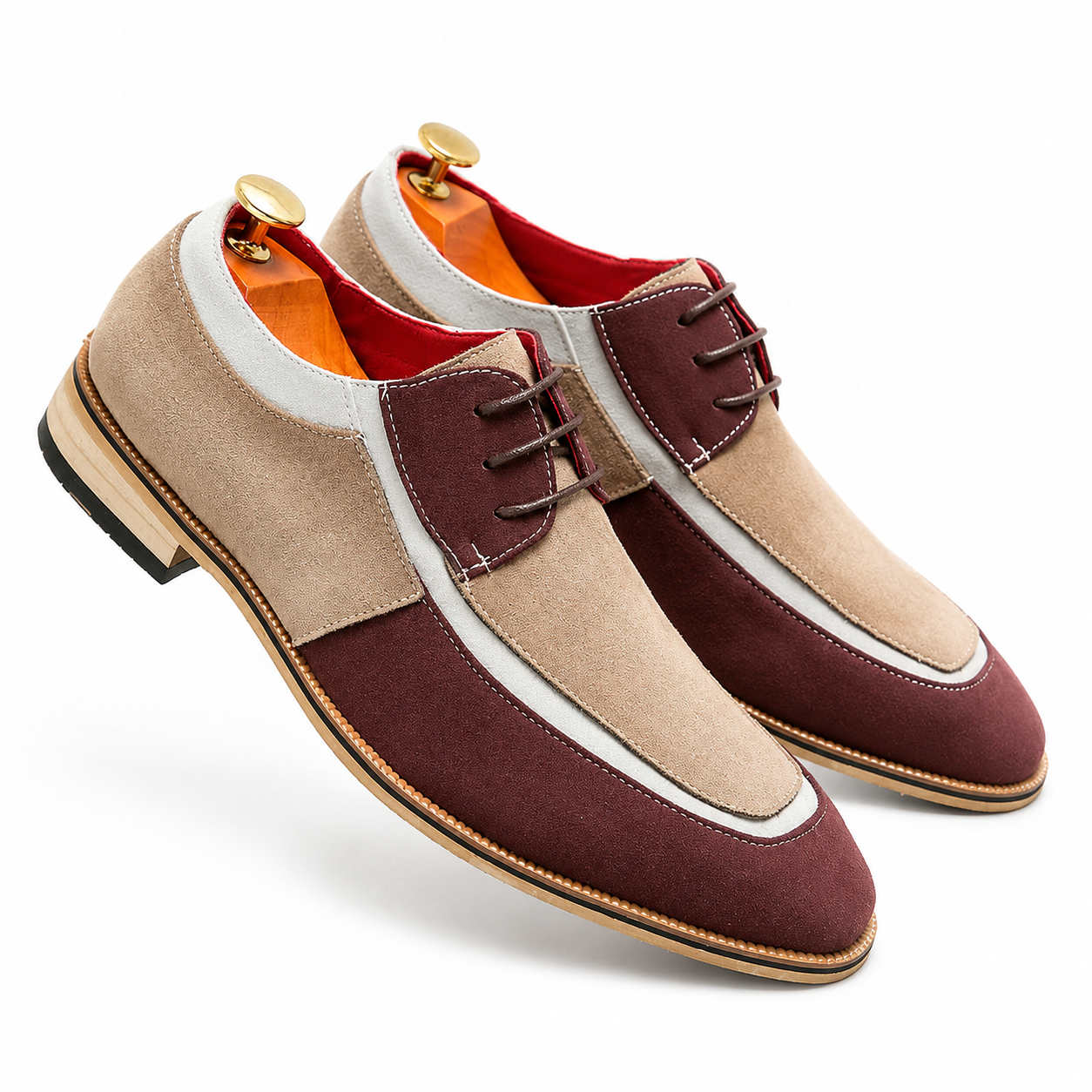 Stitch & Grain Bordeaux & Sand Two-Tone Leather Derby Shoes – Handcrafted Luxury Dress Oxfords for Men
