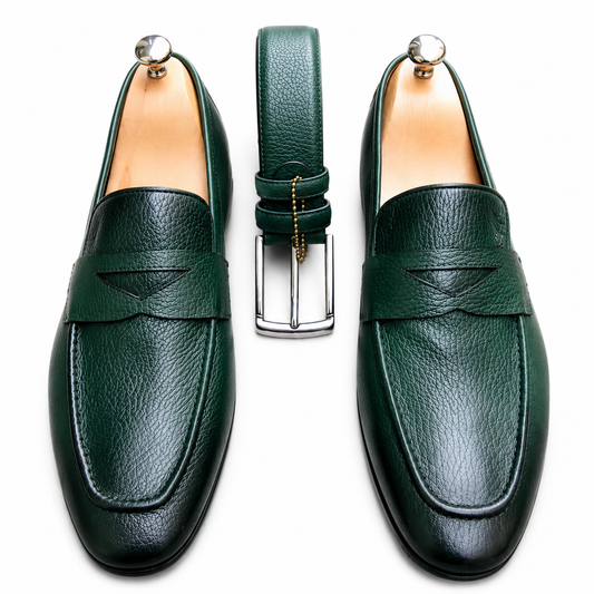Stitch & Grain Emerald Green Leather Penny Loafers with Matching Belt